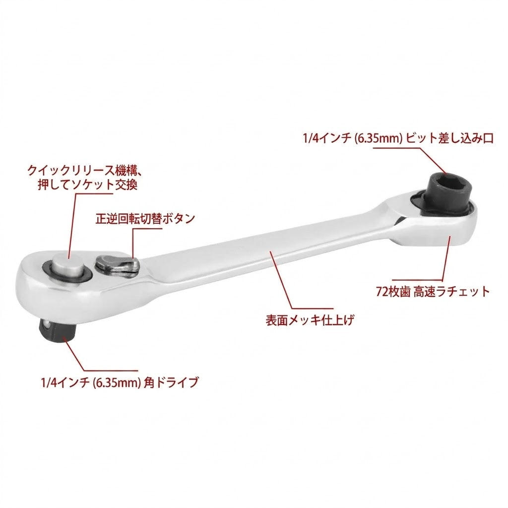 1/4インチ ミニ両頭ラチェットレンチ シルバー 72歯 5° クイックリリース