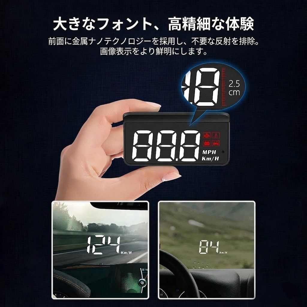 OBD2 HUD 車載ヘッドアップディスプレイ スピードメーター 3.5インチ 5アラーム機能