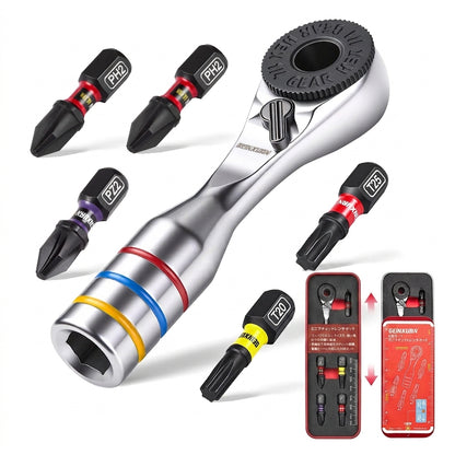 Geinxurn 6PCS Mini Ratchet Wrench Set,ULTRA TORQUE Bits with 1" PH2, PH2, PZ2, T20, T25, SQ2, Portable Iron Box