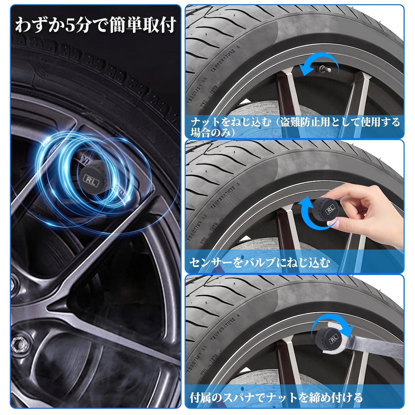TPMS Solar Tire Pressure Sensor Car Tire Pressure Monitoring System with 4 Wheel Internal External Sensors TMPS