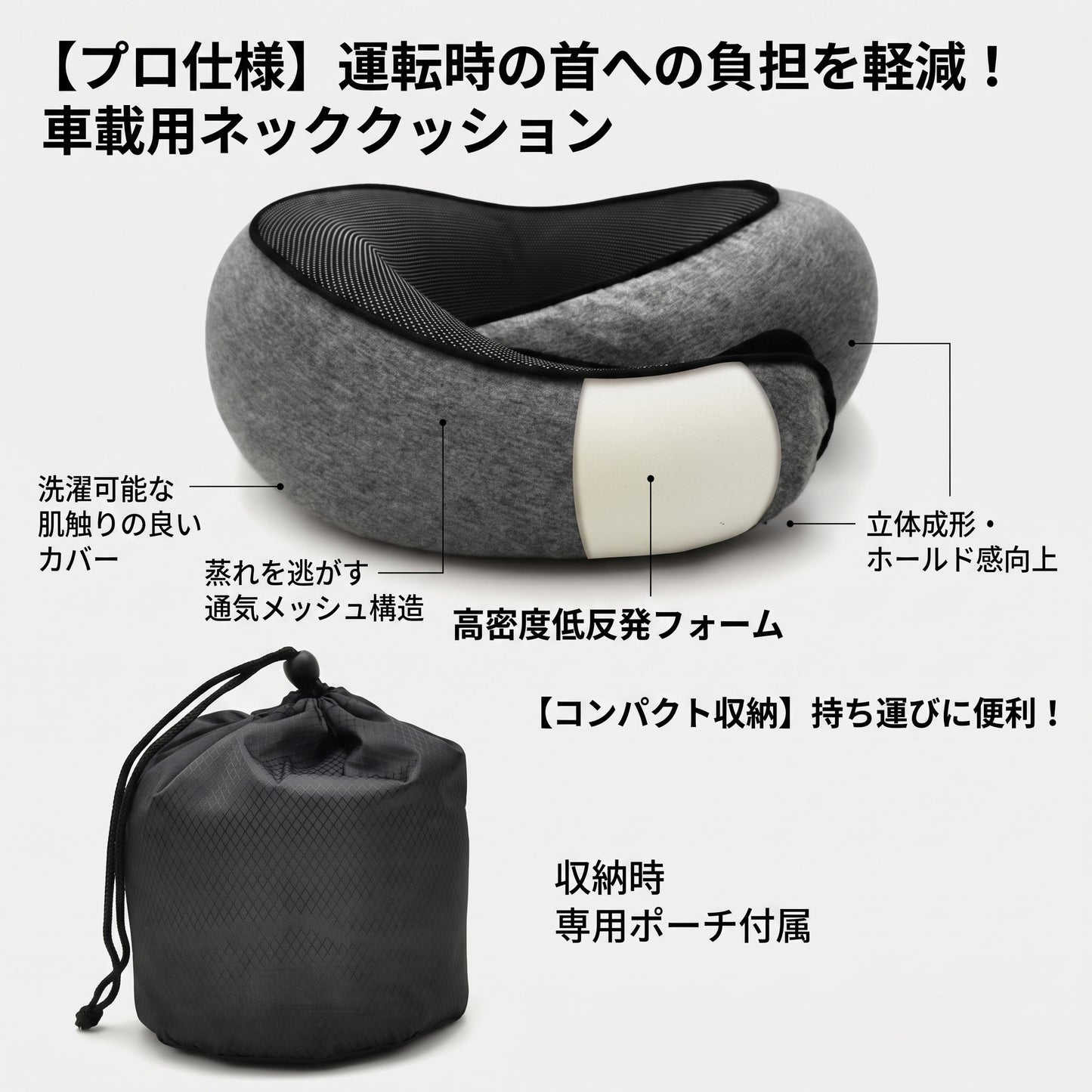 トラベルネックピロー U字型 低反発メモリーフォーム カタツムリデザイン 携帯用 調節可能 ソフト素材 首元サポート 昼寝・旅行・出張用 携帯枕